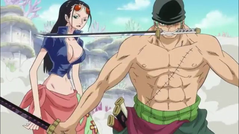 Roronoa Zoro y Nico Robin en un cosplay de One Piece