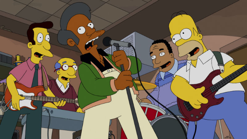 Imagen de Apu Cantando con Homero, el reverendo alegria, el dr hibbert y el papá de Milhouse
