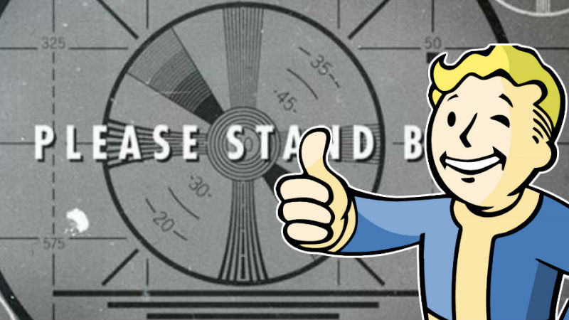 Fallout boy con la señal de Please Stand By para la Serie de Television