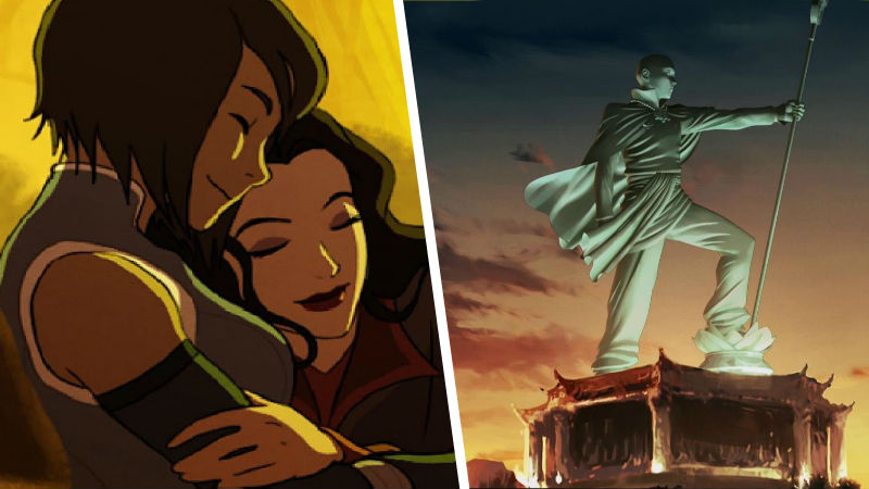 Korra y Asami con la estatua de Aang de Avatar