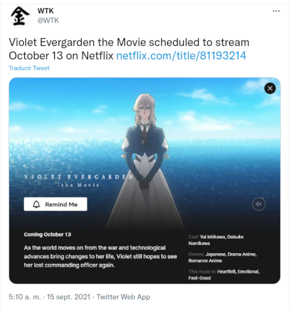 Violet Evergarden: The Movie saldrá en octubre en Netflix