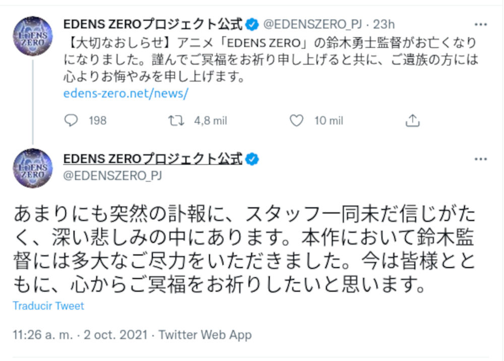 Fallece el director del anime de Edens Zero