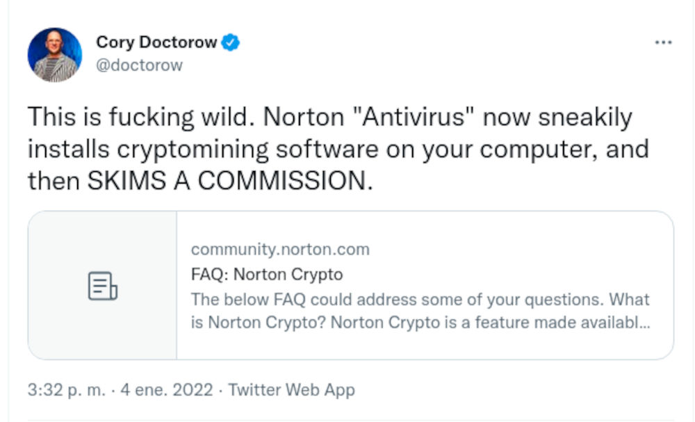Norton Antivirus mine cryptocurrency from your computer