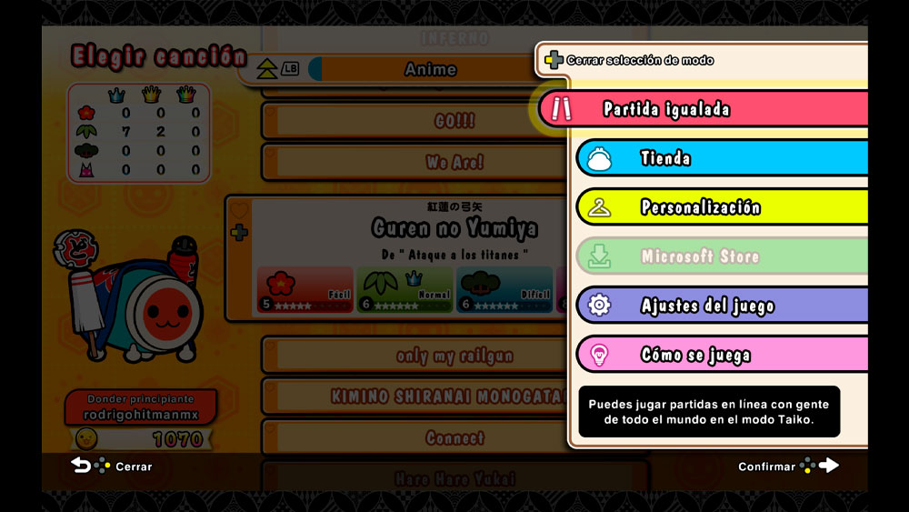 The different game options in Taiko no Tatsujin