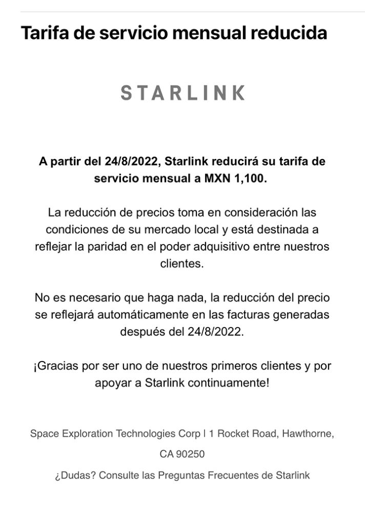 El correo de Starlink que anuncia su bajada de precio
