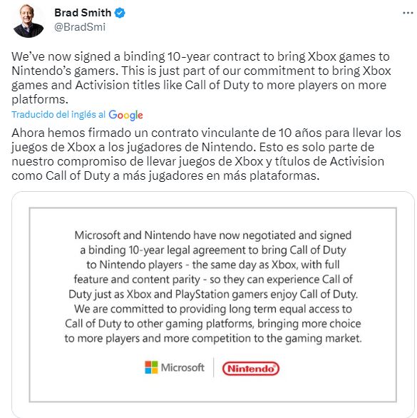 Brad Smith, vicepresidente de Microsoft, confirma que Call of Duty llegará a Nintendo durante 10 años