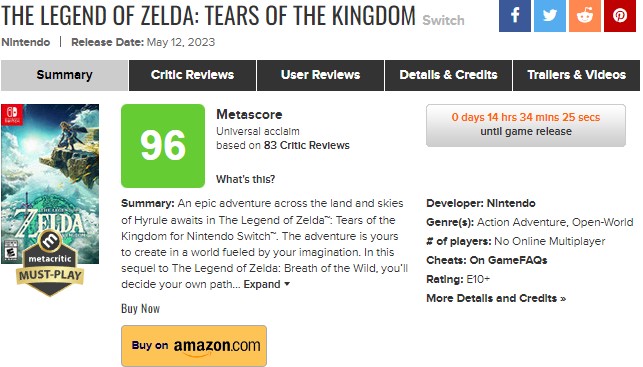 The Legend of Zelda: Tears of the Kingdom Metacritic