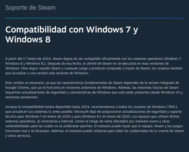 Steam dejará de tener soporte para Windows 7 y 8