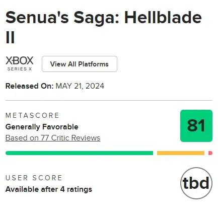Calificación de Senua's Saga: Hellblade 2 en Metacritic