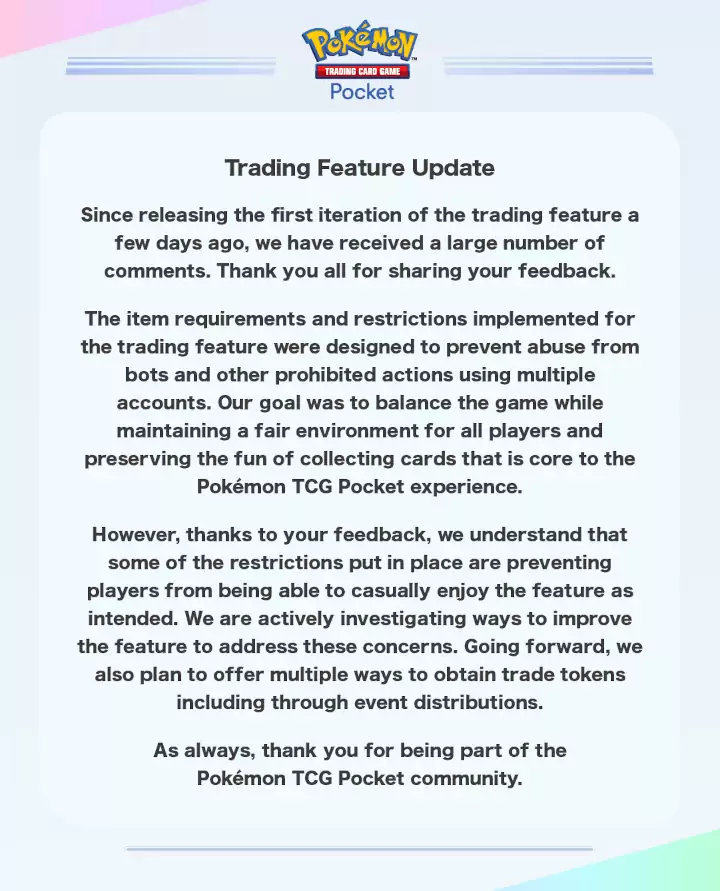Pokémon TCG Pocket cambiará los intercambios por reclamos de los jugadores