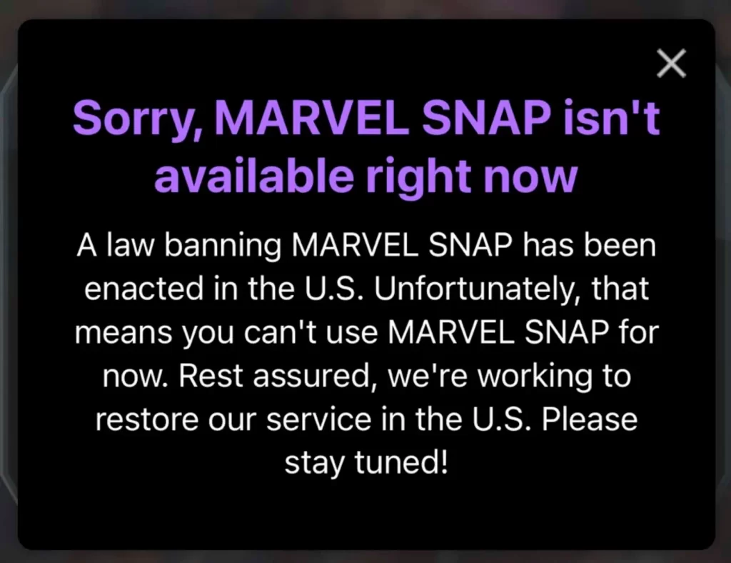 Mensaje de Marvel Snap cuando lo juegas en Estados Unidos
