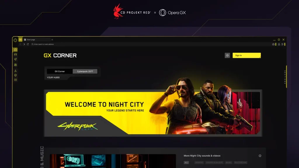 Opera GX hub de Cyberpunk 2077