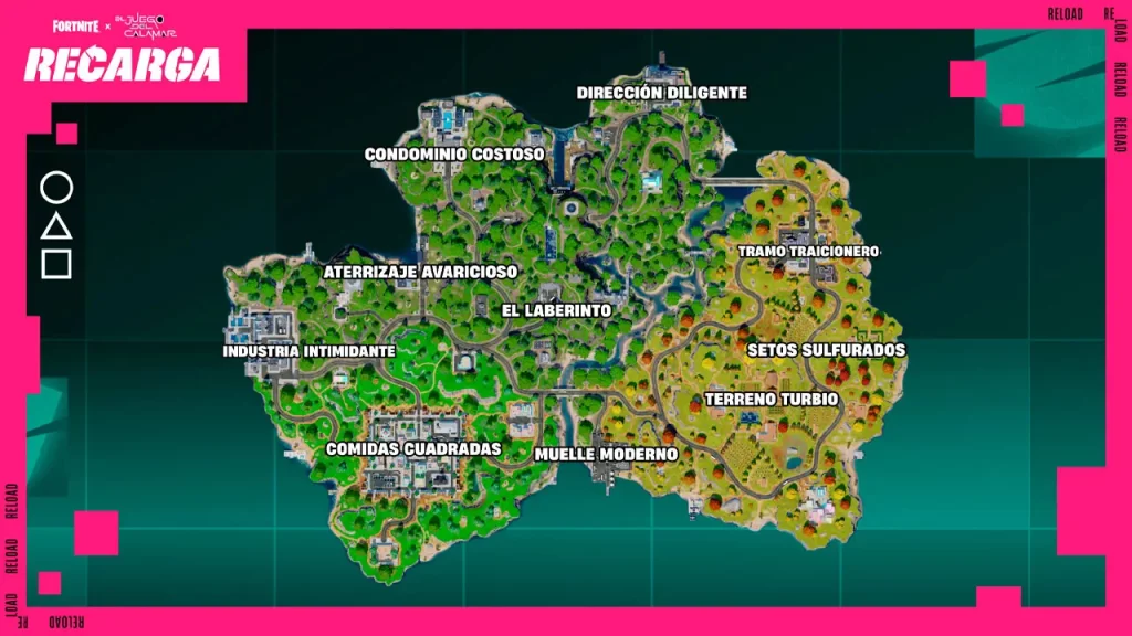 Mapa isla del juego del calamar y Fortnite