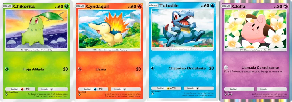 Pokémon TCG Pocket Saber Marino y Celeste, chikorita cyndaquil totodile y clefa