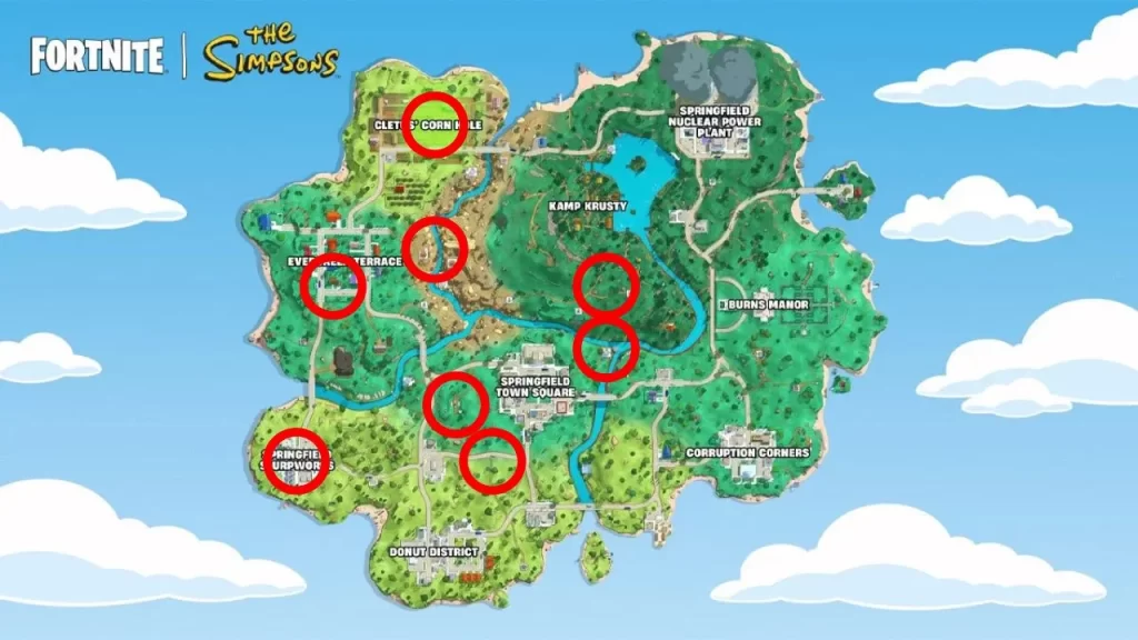 Las locaciones donde suelen aparecer los jefes de Fortnite y Los Simpson