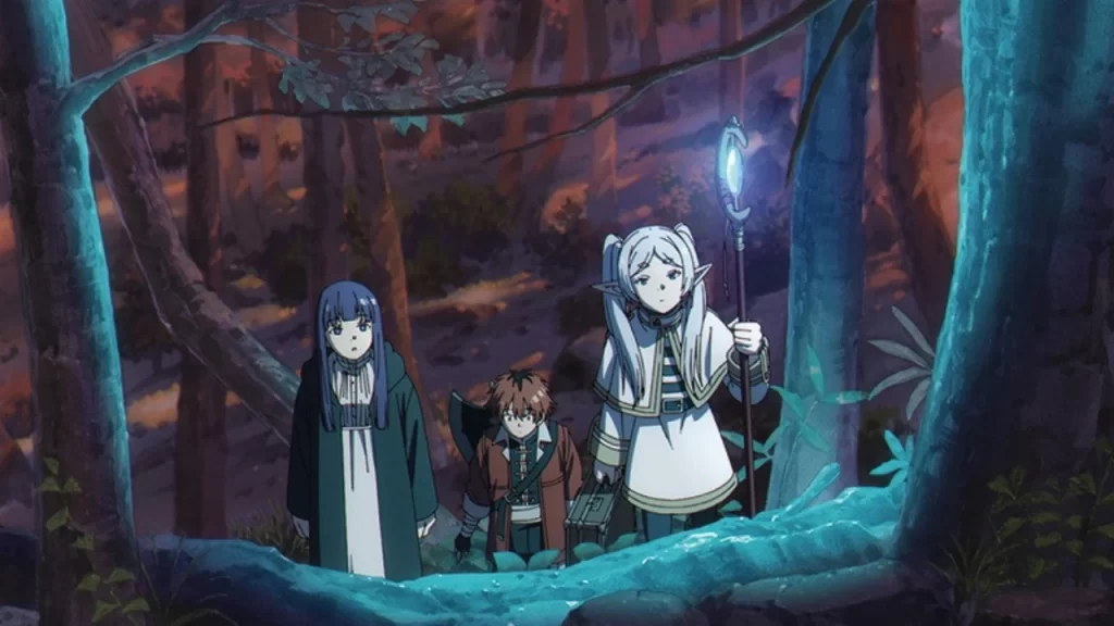 Frieren: más allá del viaje, temporada 2 capítulo 31, Frieren, Stark y Fern realizan una parada necesaria en un lugar de aguas termales: descansan.