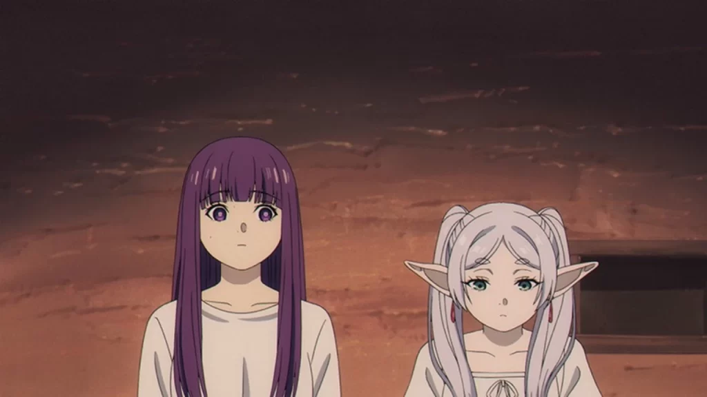 Frieren: más allá del viaje, temporada 2 capítulo 31, Frieren, Stark y Fern realizan una parada necesaria en un lugar de aguas termales: descansan.