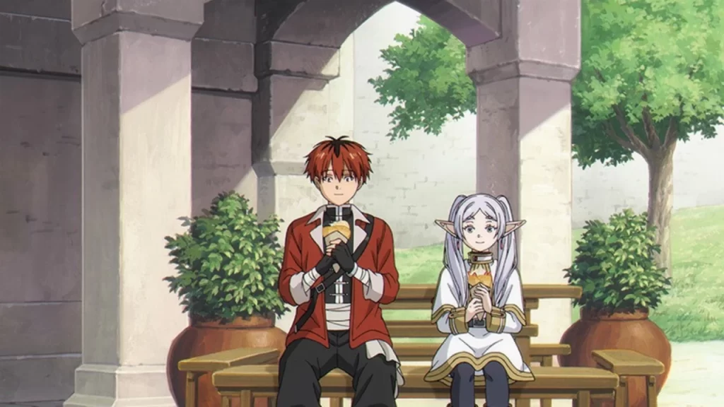 Frieren: más allá del viaje, temporada 2 capítulo 31, Frieren, Stark y Fern realizan una parada necesaria en un lugar de aguas termales: descansan.