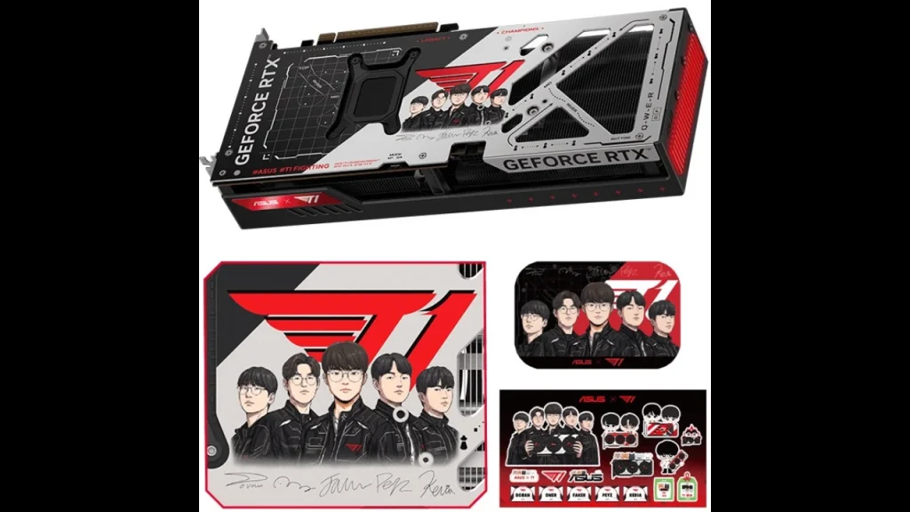 Asus presentó una RTX 5070 edición T1 con Faker y el resto del equipo. La GPU incluye un diseño exclusivo y funciones premium para PC. Fuente: Asus.
