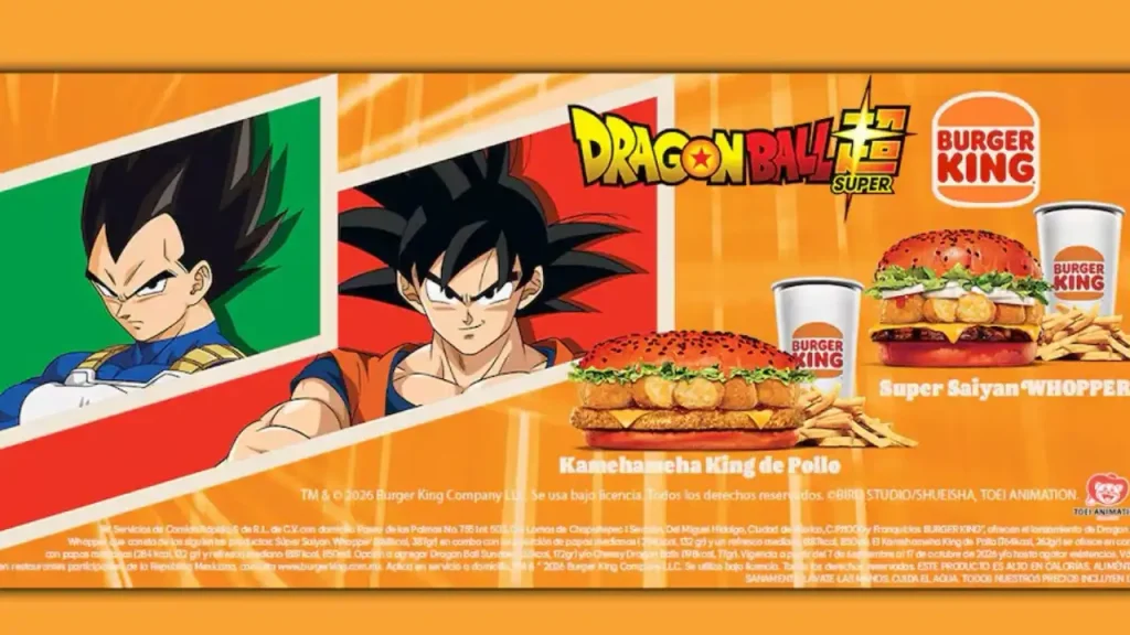 Dragon Ball Super llega a Burger King México con hamburguesas temáticas, seis figuras coleccionables, playeras, vasos y más.